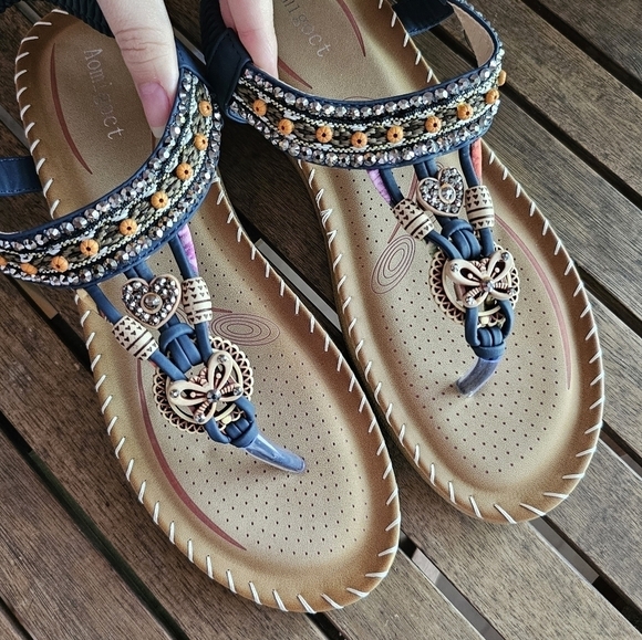 NWOT Aomigoct navy bohemian embellished elastic ankle flip flops sandals - Picture 11 of 12